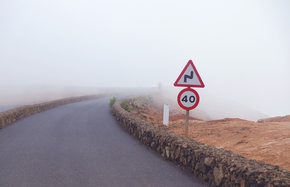 road, fog, signs