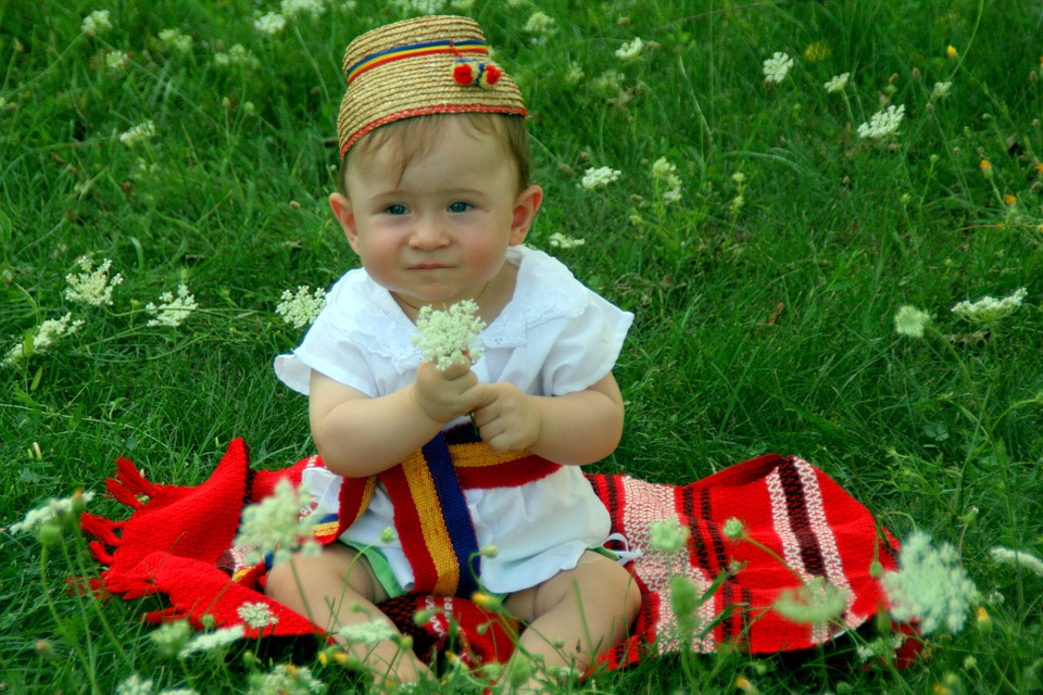 toddler, traditional costume, flowers