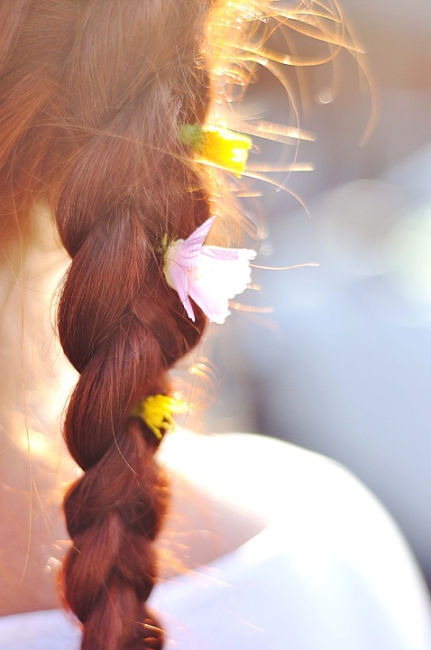 hair, braid, flowers
